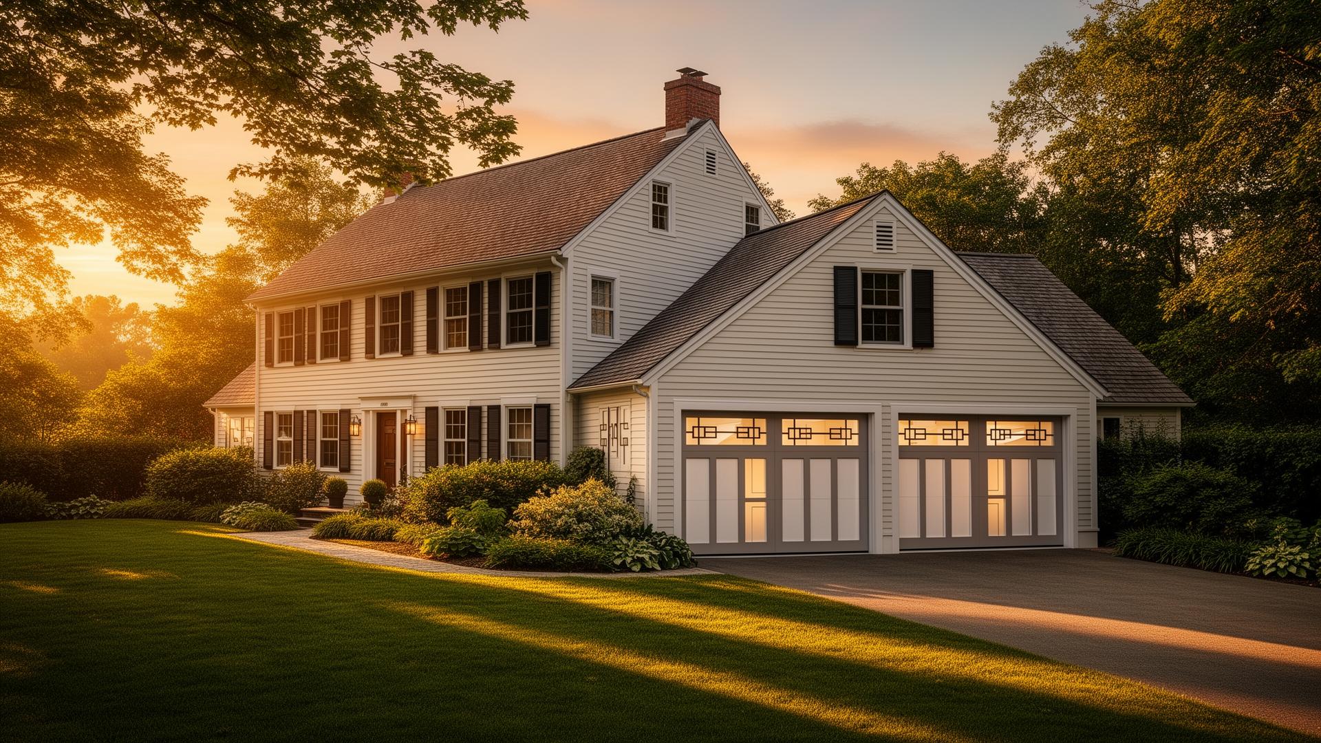 Beautiful colonial home with elegant mid-century modern garage doors at golden hour