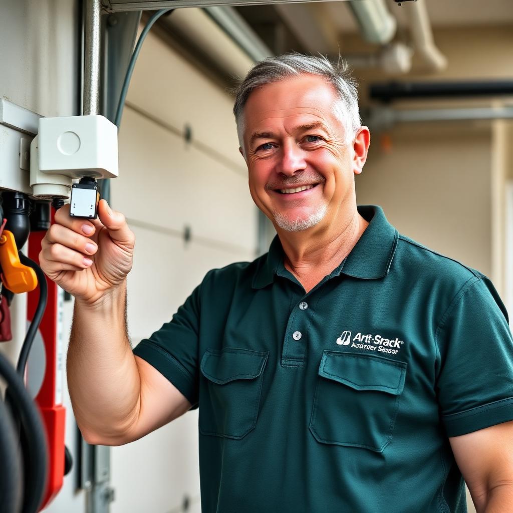 Professional garage door technician testing safety features